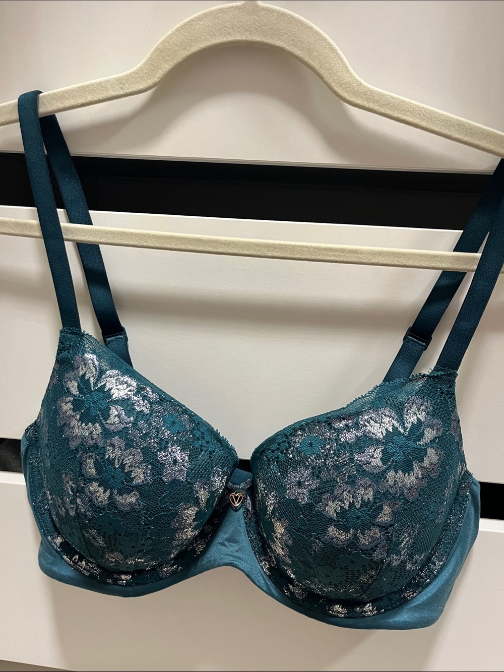 Victoria's Secret Teal Lace Push-Up Bra with Silver Floral Accents